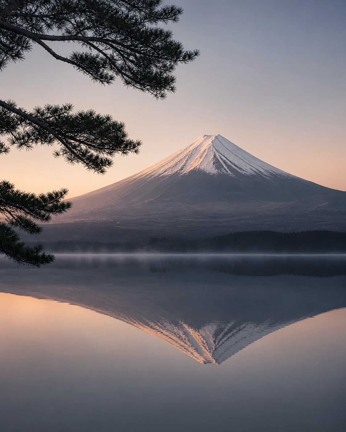 朝の静かな湖面に映る富士山と松の景色